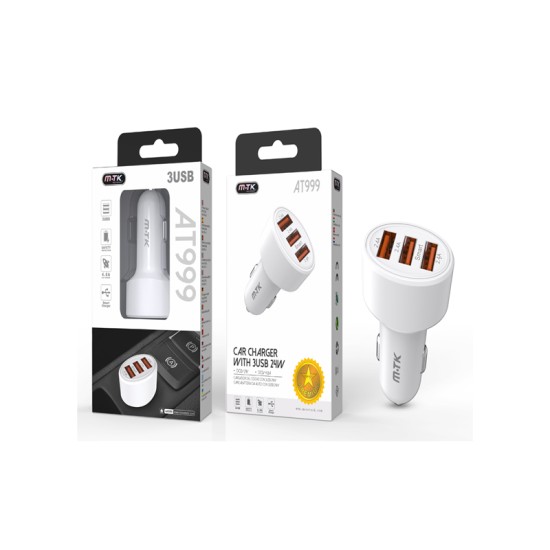 CARREGADOR DE CARRO INTELIGENTE COM 3 USB 12W MTK BRANCO